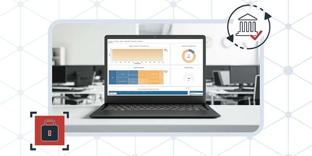 Laptop displaying an analytics dashboard on a desk in a modern office, with security and compliance icons shown around it.