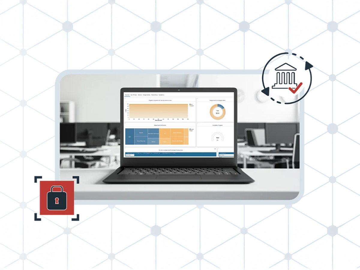 Laptop displaying an analytics dashboard on a desk in a modern office, with security and compliance icons shown around it.