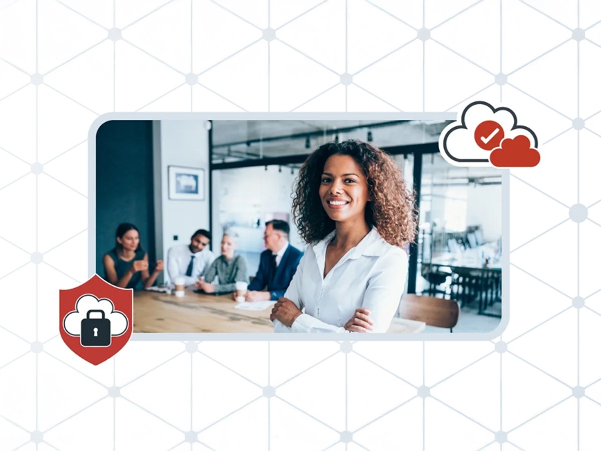 Person standing confidently in front of a meeting table with colleagues seated in the background, with security icons overlaid.