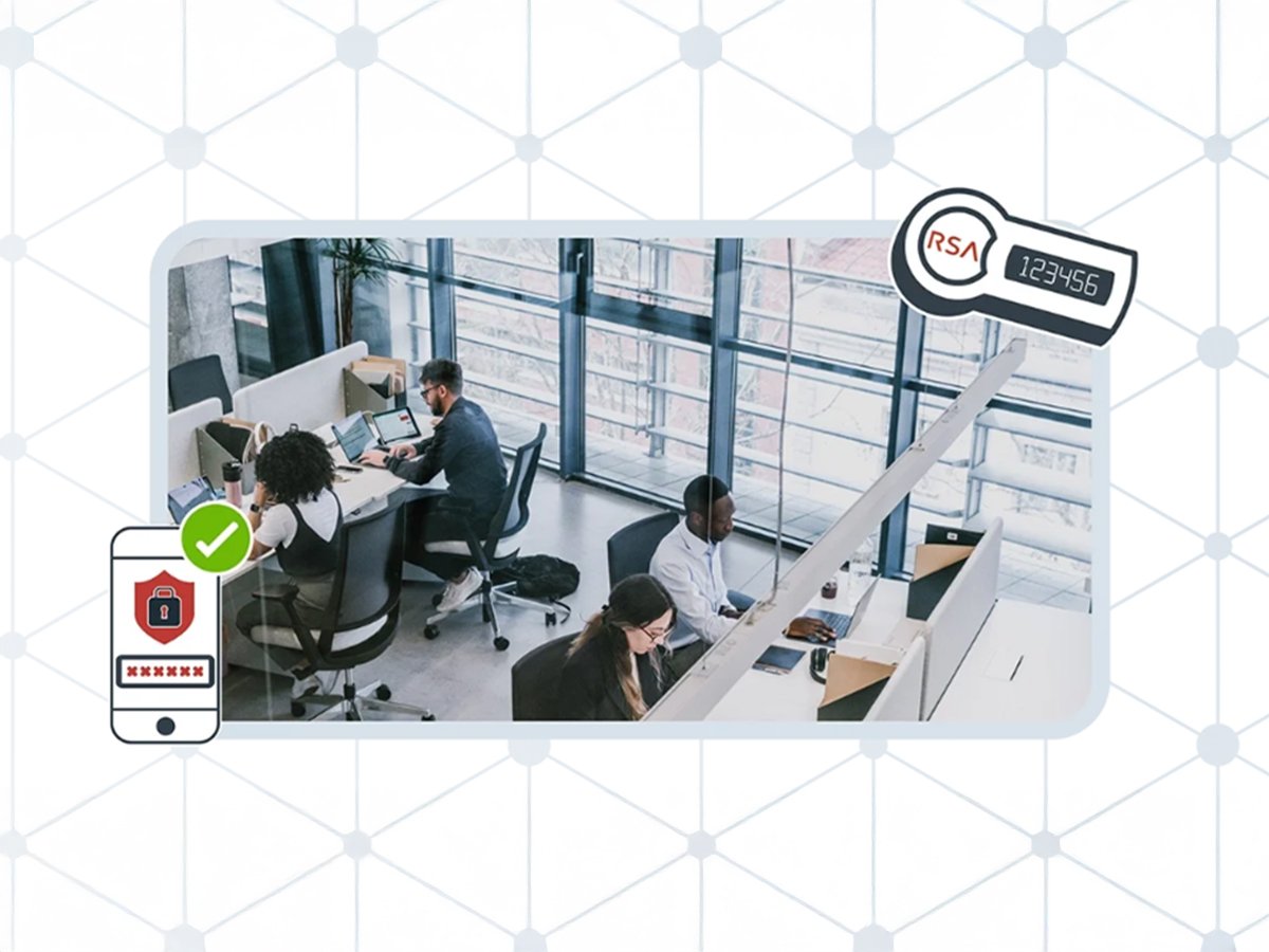 People working at desks in a modern open‑plan office, with security and authentication icons shown around the scene.