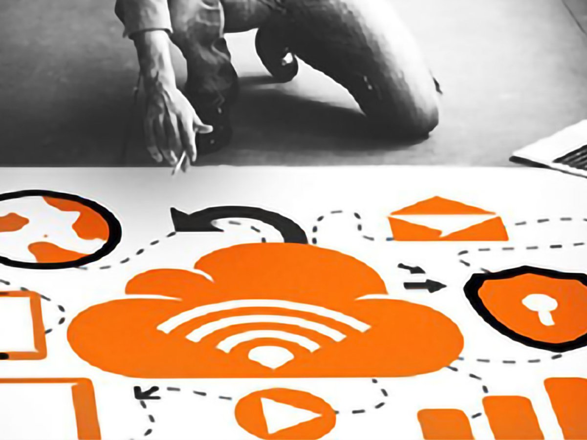 Illustrated cloud computing diagram with icons for connectivity, security, and data sharing.