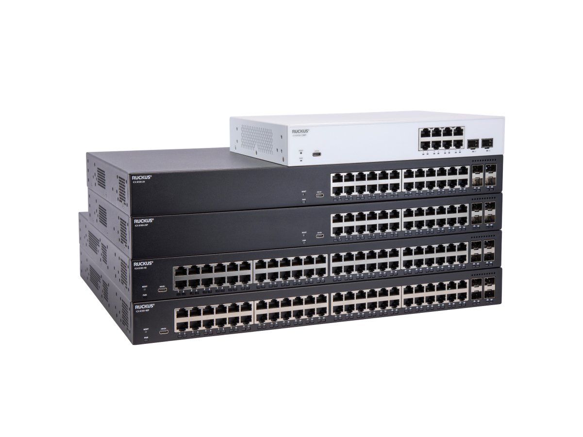 Stacked enterprise network switches with multiple Ethernet ports shown on a white background.