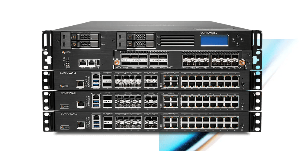 Stacked SonicWall rack‑mounted network security appliances with multiple Ethernet ports on a white background.