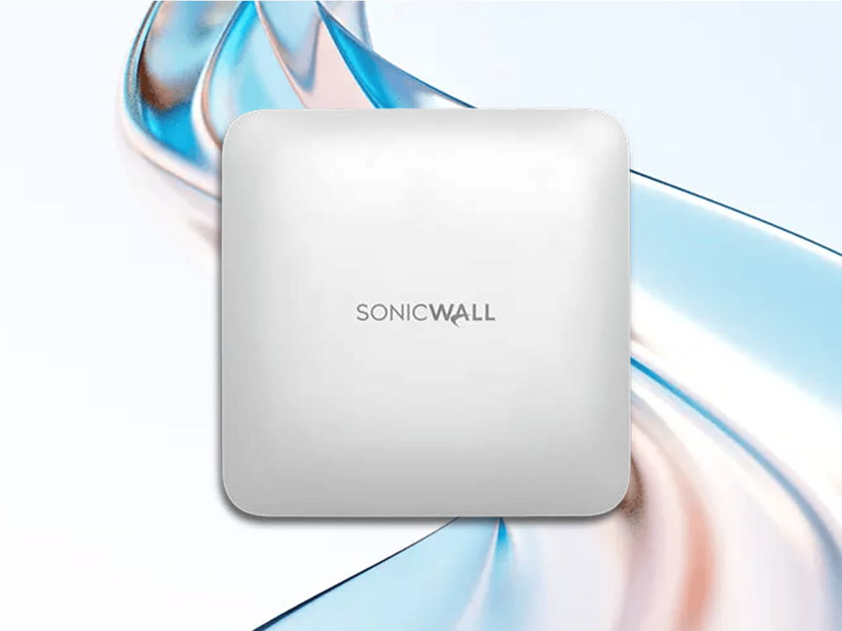 SonicWall wireless access point device shown against a light abstract background.