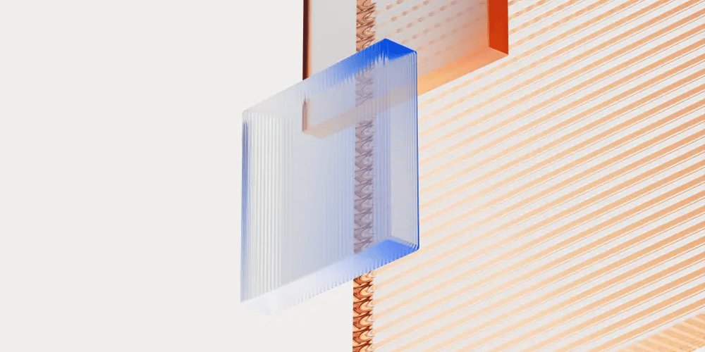 Abstract layered shapes in blue and orange with translucent panels and fine line textures on a light background.