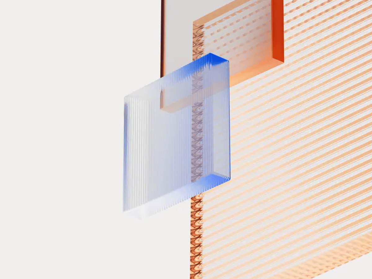 Abstract layered shapes in blue and orange with translucent panels and fine line textures on a light background.