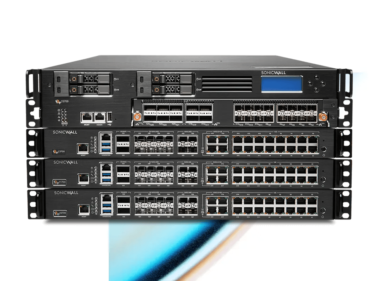 Stacked SonicWall rack‑mounted network security appliances with multiple Ethernet ports on a white background.