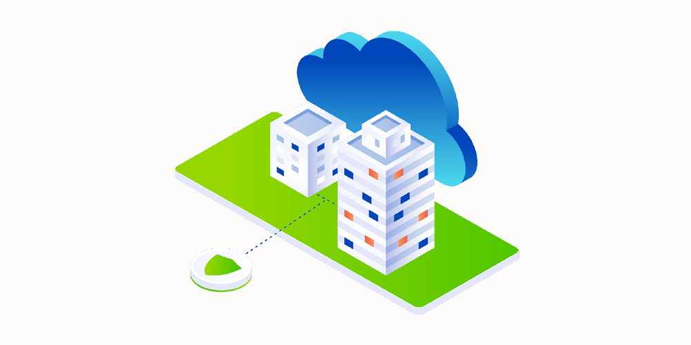 Illustration of two buildings connected to a cloud, representing cloud-based services or infrastructure.
