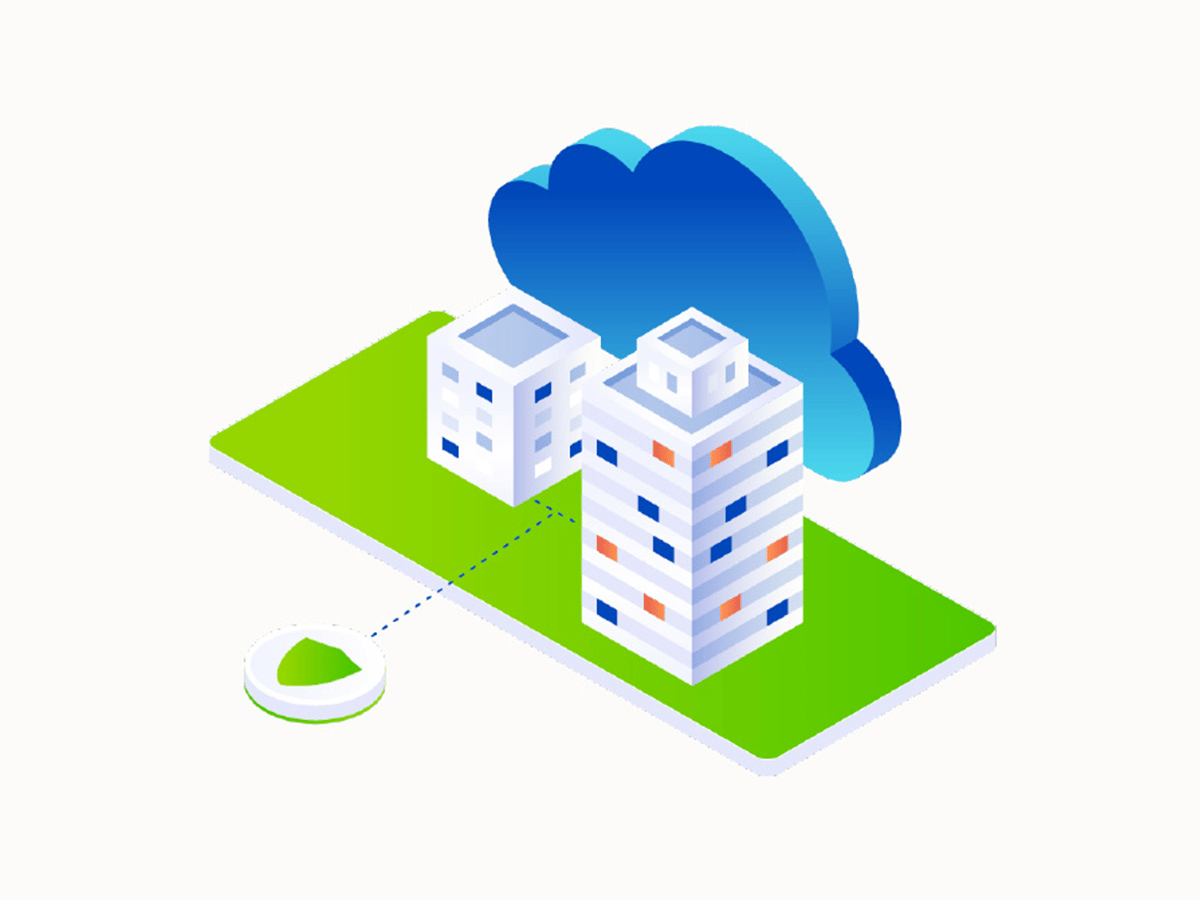 Illustration of two buildings connected to a cloud, representing cloud-based services or infrastructure.