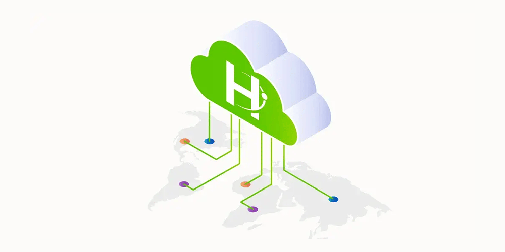 Cloud icon with connected lines extending to multiple locations on a world map, representing global cloud connectivity.