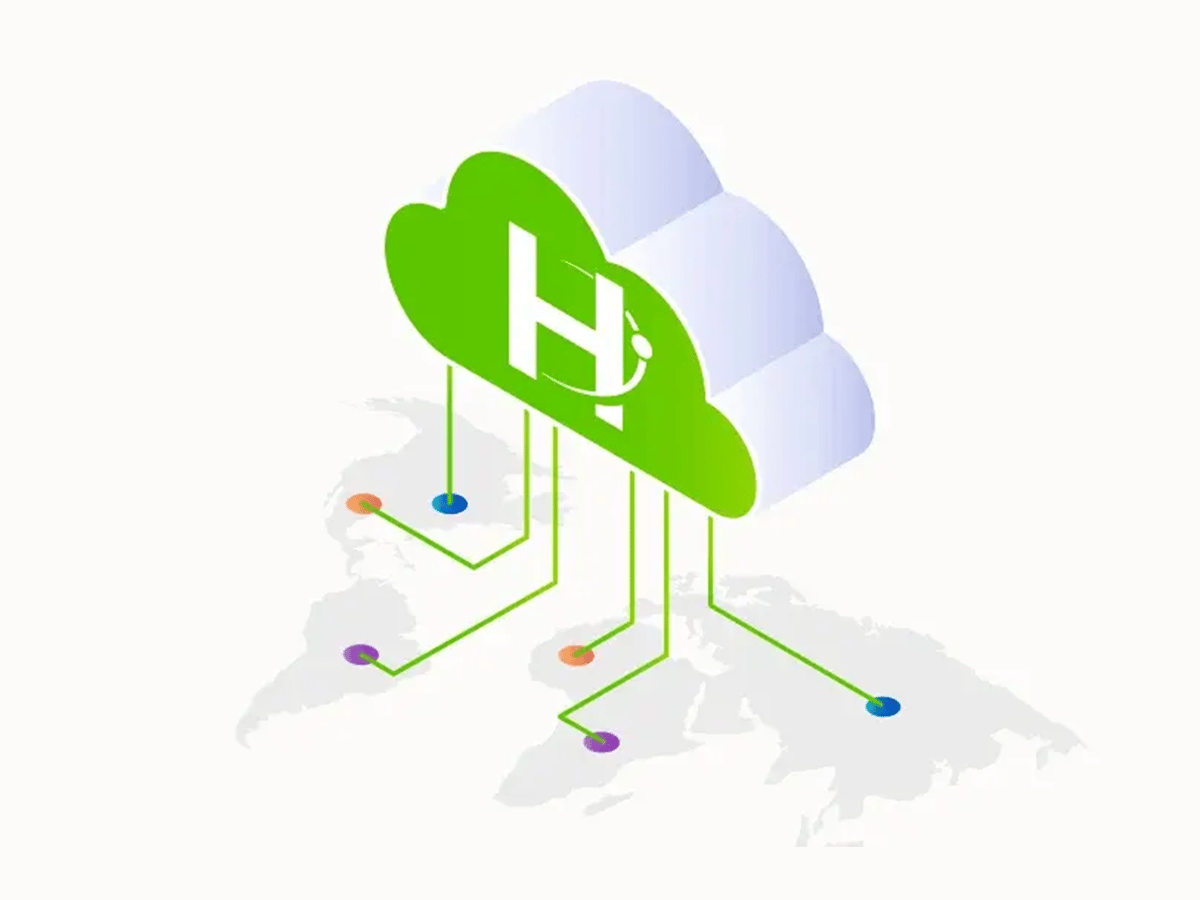 Cloud icon with connected lines extending to multiple locations on a world map, representing global cloud connectivity.