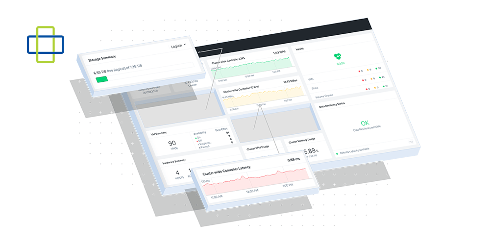 Dashboard interface showing system performance metrics, charts, and status panels.