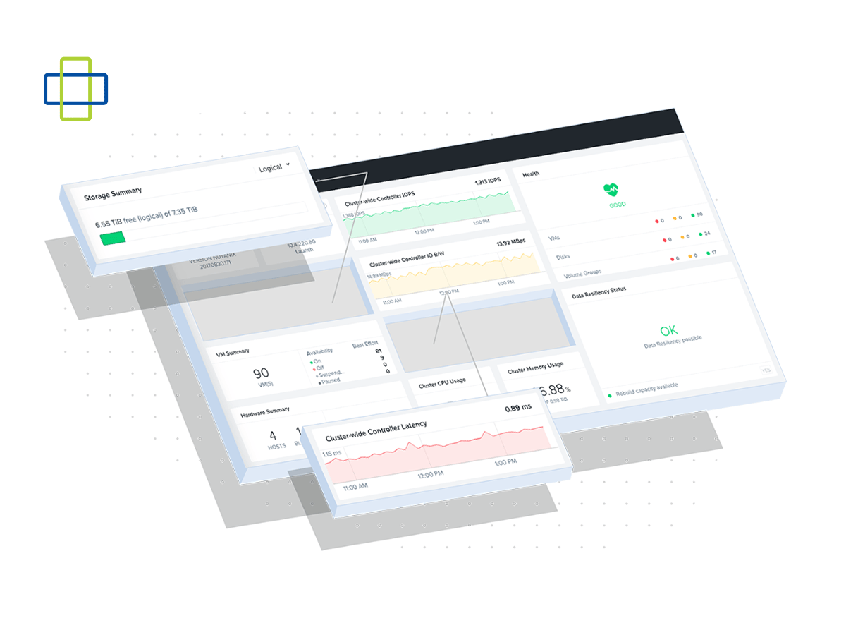 Dashboard interface showing system performance metrics, charts, and status panels.