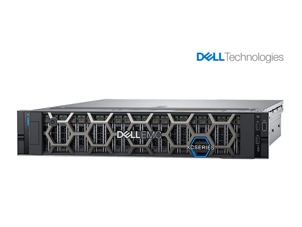 Front view of a Dell EMC rack‑mounted server with multiple drive bays.