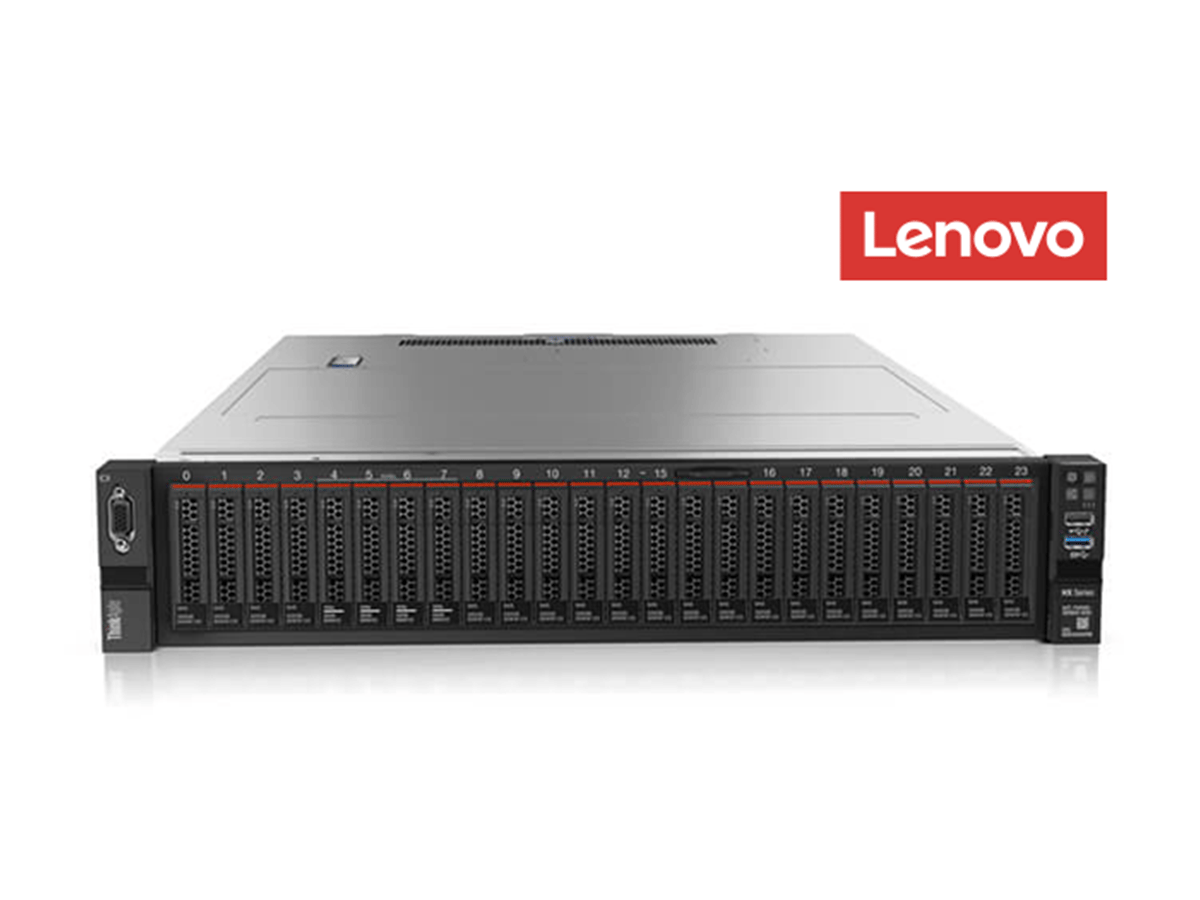 Front view of a Lenovo rack‑mounted server with multiple drive bays.