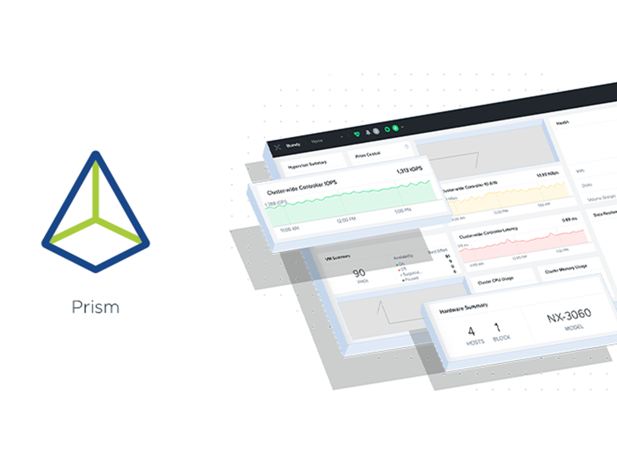 Prism logo next to a dashboard interface showing system performance metrics, charts, and status panels.