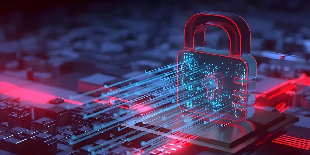 A digital representation of a padlock surrounded by circuit patterns and blue streaks of light, symbolizing data security and encryption in a technological setting.