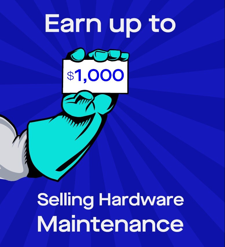 Illustration of a hand holding a card displaying "$1,000" with the text "Earn up to $1,000 Selling Hardware Maintenance" against a blue radial background.