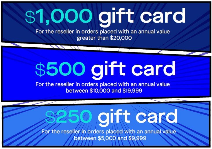 1,000 gift card for orders over $20,000, $500 gift card for orders between $10,000 and $19,999, and $250 gift card for orders between $5,000 and $9,999. 1,000 gift card for orders over $20,000, $500 gift card for orders between $10,000 and $19,999, and $250 gift card for orders between $5,000 and $9,999.