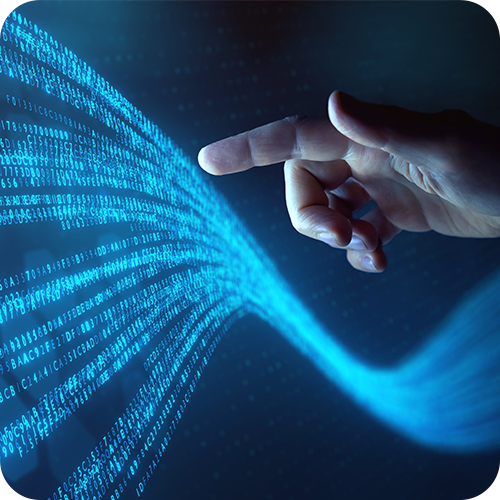 A hand interacting with data moving A hand interacting with data moving