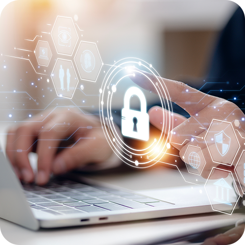 Person working at laptop with security and digital graphics Person working at laptop with security and digital graphics