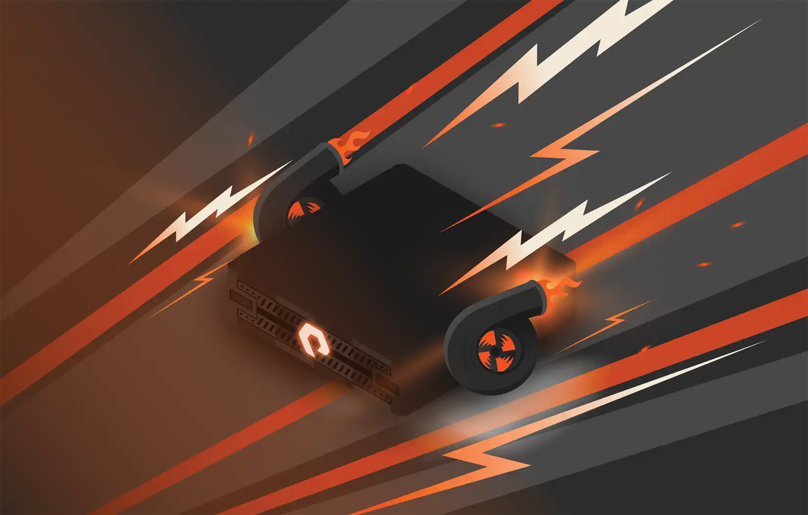 Futuristic black and orange device with glowing accents and propellers, emitting flames and light streaks, conveying speed and energy in a dynamic setting. Futuristic black and orange device with glowing accents and propellers, emitting flames and light streaks, conveying speed and energy in a dynamic setting.