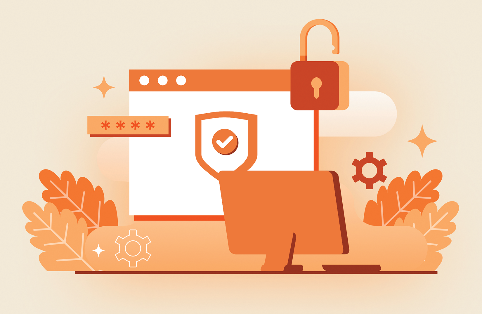 Illustration of a computer screen with a shield and checkmark symbolizing security. An unlocked padlock hovers above, surrounded by gears and leaves. Illustration of a computer screen with a shield and checkmark symbolizing security. An unlocked padlock hovers above, surrounded by gears and leaves.